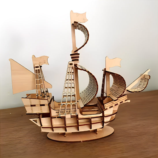 Puzzle 3D en bois : Modèle de jouet mécanique - bateau à voile