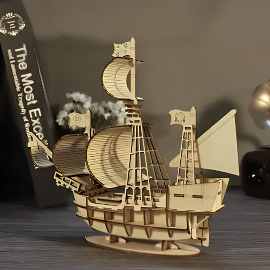 Puzzle 3D en bois : Modèle de jouet mécanique - bateau à voile