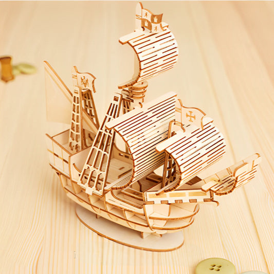Puzzle 3D en bois : Modèle de jouet mécanique - bateau à voile