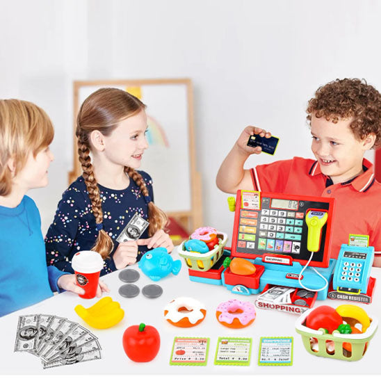 Ensemble de jeu de caisse enregistreuse d'achat avec calculatrice réelle