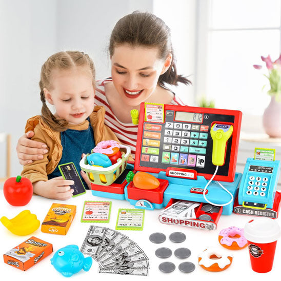 Ensemble de jeu de caisse enregistreuse d'achat avec calculatrice réelle